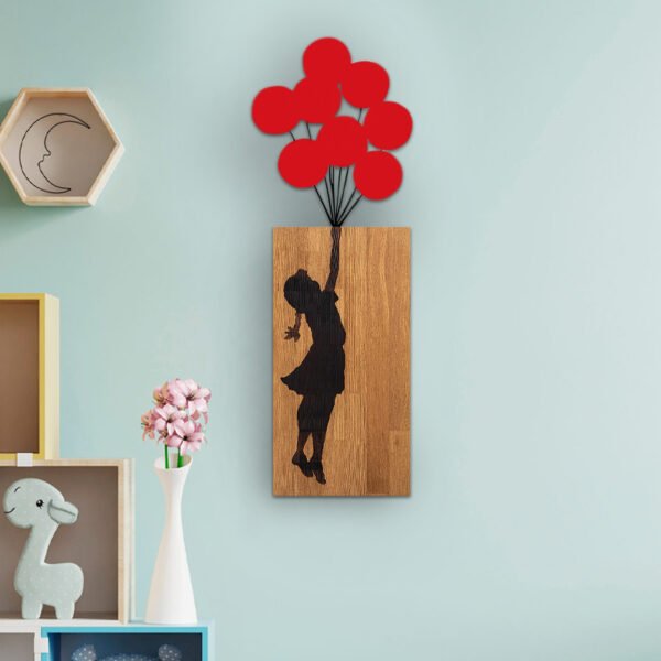 Διακοσμητικό τοίχου Girl with Balloons Megapap ξύλινο - μεταλλικό χρώμα καρυδί - κόκκινο 36x3x100εκ. - Image 2