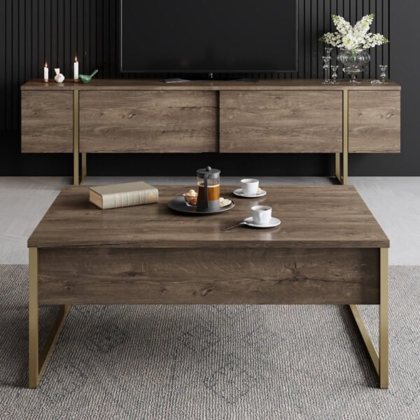 Τραπεζάκι σαλονιού Luxe Megapap χρώμα καρυδί - χρυσό 90x60x40εκ. - Image 3