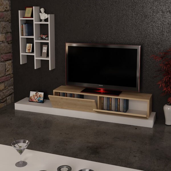 Έπιπλο τηλεόρασης Rumba pakoworld σε λευκή-oak απόχρωση 180x30x31εκ - Image 2