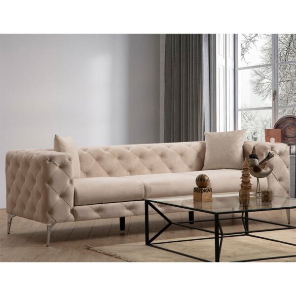 Καναπές 3θέσιος PWF-0579 House Genius τύπου Chesterfield ύφασμα εκρού 237x90x73εκ - Image 2