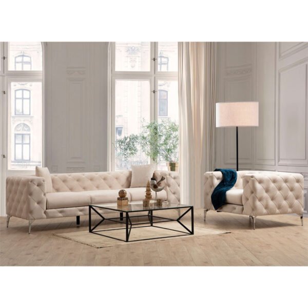 Καναπές 3θέσιος PWF-0579 House Genius τύπου Chesterfield ύφασμα εκρού 237x90x73εκ - Image 5