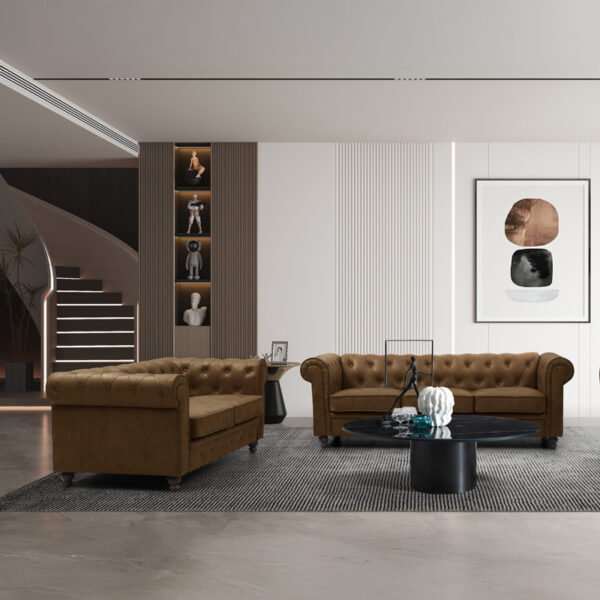 Kαναπές διθέσιος Incredible House Genius τύπου Chesterfield pu σε αντικέ καφέ απόχρωση 160x84x67εκ - Image 2