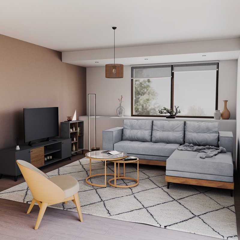 Γωνιακός καναπές αναστρέψιμος Mirabel House Genius γκρι ύφασμα-φυσικό ξύλο 250x184x100εκ - Image 2