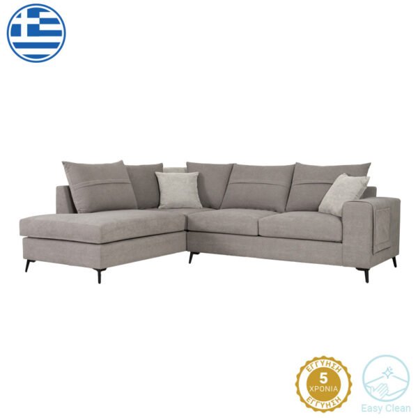 Γωνιακός καναπές δεξιά γωνία Montana House Genius γκρι ύφασμα με μαξιλάρια σε απόχρωση ανοιχτό γκρι 275x215x93εκ