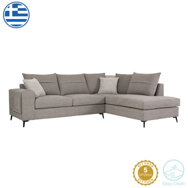 Γωνιακός καναπές αριστερή γωνία Montana House Genius γκρι ύφασμα με μαξιλάρια σε απόχρωση ανοιχτό γκρι 275x215x93εκ