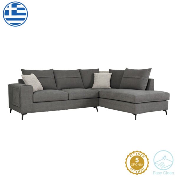 Γωνιακός καναπές αριστερή γωνία Montana House Genius ποντικί ύφασμα με μαξιλάρια σε απόχρωση ανοιχτό γκρι 275x215x93εκ