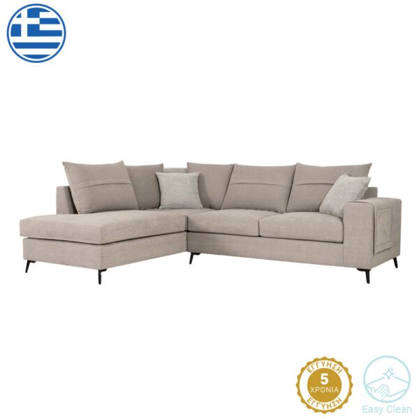 Γωνιακός καναπές δεξιά γωνία Montana House Genius γκρι-μπεζ ύφασμα με μαξιλάρια σε απόχρωση ανοιχτό γκρι 275x215x93εκ