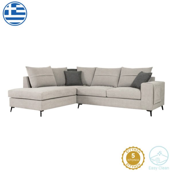 Γωνιακός καναπές δεξιά γωνία Montana House Genius ανοιχτό γκρι ύφασμα με μαξιλάρια σε ποντικί απόχρωση 275x215x93εκ