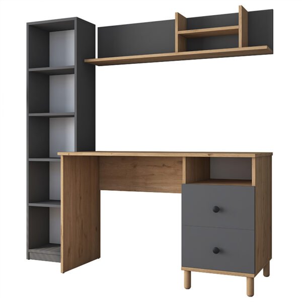 Γραφείο με βιβλιοθήκη Goldie House Genius ανθρακί-φυσικό 160x50x161.8εκ
