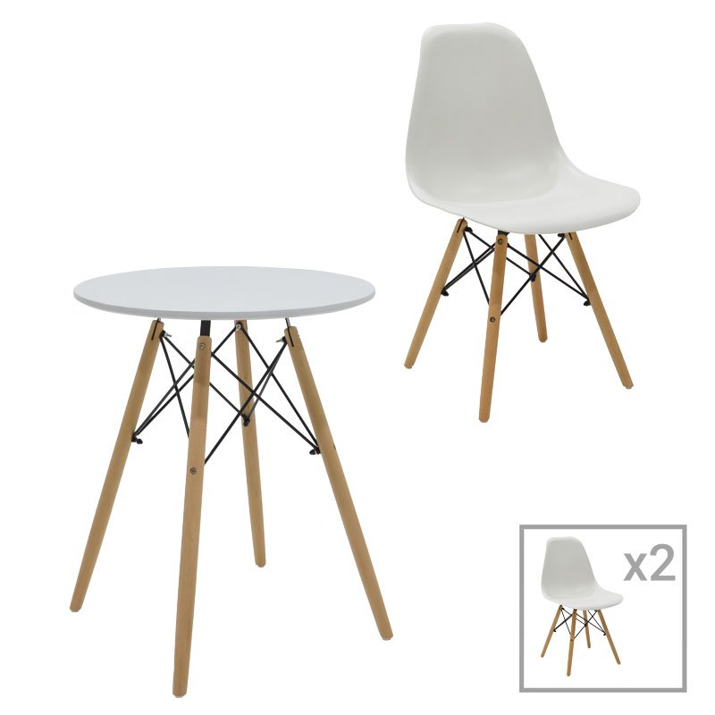 Τραπεζαρία Julita σετ 3τεμ House Genius MDF και ξύλο οξιάς σε λευκή-φυσική απόχρωση Φ60x73εκ