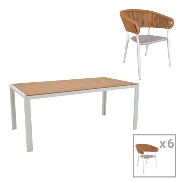 Τραπεζαρία Nares-Raven B σετ 7τεμ House Genius λευκό αλουμίνιο και plywood σε φυσική απόχρωση 180x90x72.5εκ