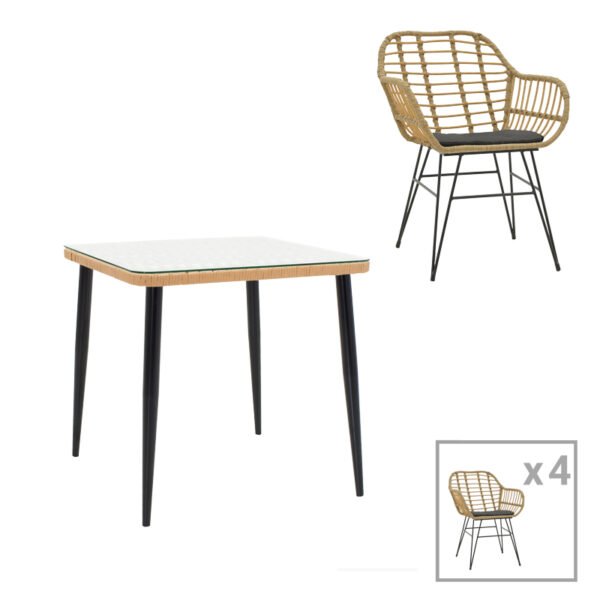 Τραπεζαρία Naoki V σετ 5τεμ House Genius rattan pe σε φυσική απόχρωση και μαύρο μέταλλο 80x80x78εκ