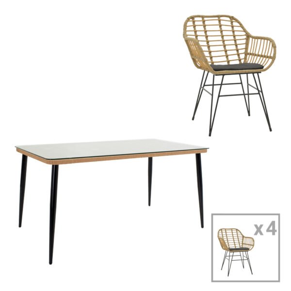 Τραπεζαρία Naoki Χ σετ 5τεμ House Genius rattan pe σε φυσική απόχρωση και μαύρο μέταλλο 160x90x78εκ
