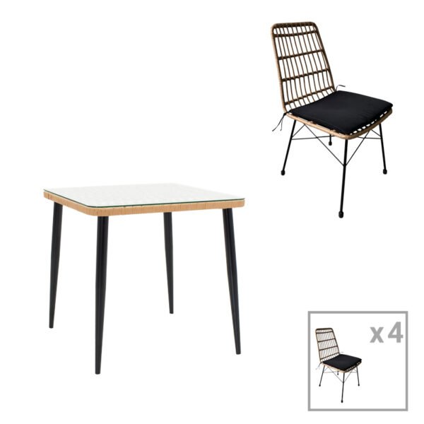 Τραπεζαρία Naoki U σετ 5τεμ House Genius rattan pe σε φυσική απόχρωση και μαύρο μέταλλο 80x80x78εκ