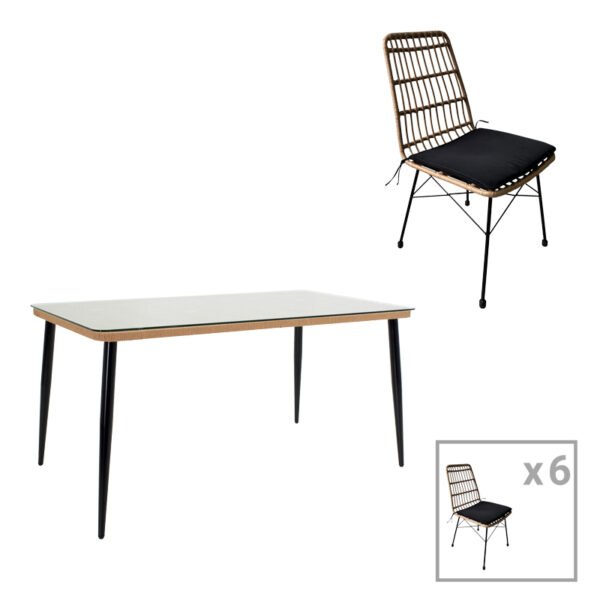 Τραπεζαρία Naoki U σετ 7τεμ House Genius rattan pe σε φυσική απόχρωση και μαύρο μέταλλο 160x90x78εκ