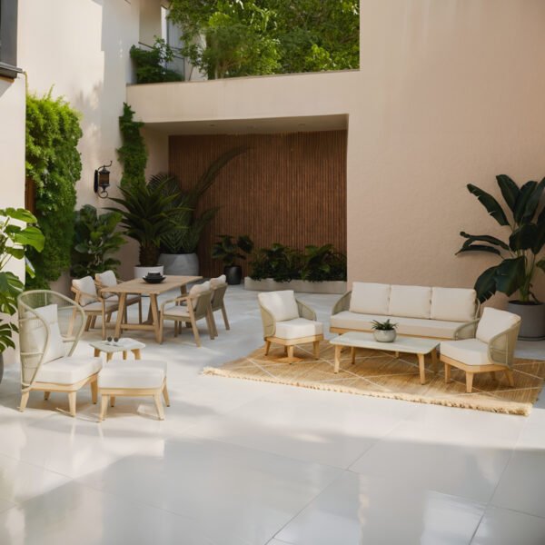 Τραπεζαρία Malibu House Genius 5τμχ μασίφ ξύλο ακακίας-ύφασμα μπεζ - Image 2