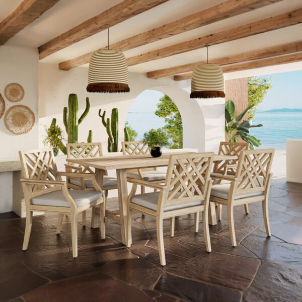 Τραπεζαρία Malibu-Bolen House Genius 7τμχ μασίφ ξύλο ακακίας-μπεζ ύφασμα - Image 2