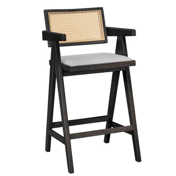 Σκαμπό bar Winslow House Genius ξύλο rubberwood μαύρο-pvc rattan φυσικό-ύφασμα γκρι