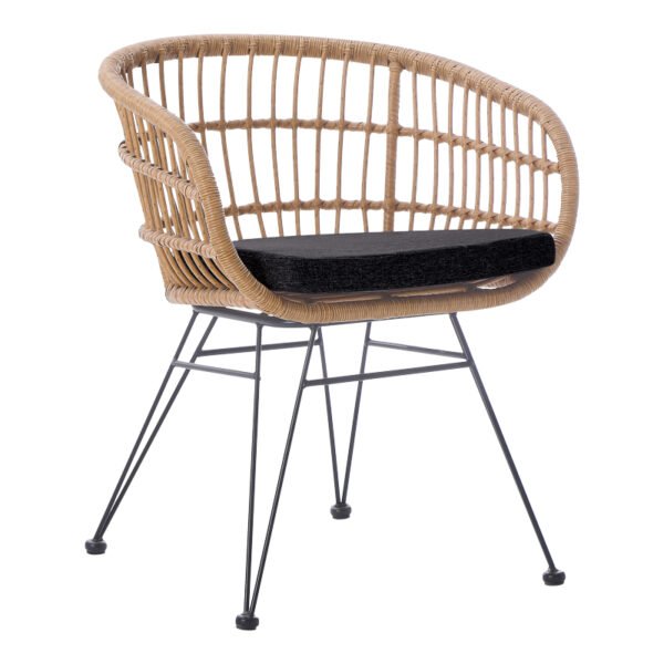 Πολυθρόνα Naoki House Genius με μαξιλάρι pe rattan σε φυσική απόχρωση και μαύρα μεταλλικά πόδια 63x61x79εκ