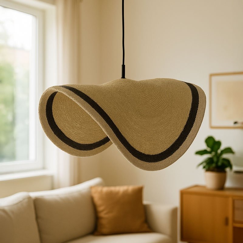 Φωτιστικό οροφής Hatchie Inart φυσικό-μαύρο-λευκό ψάθα-μέταλλο Φ100x133εκ - Image 2