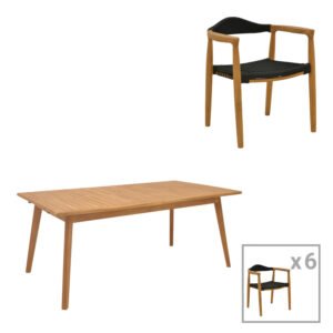 Τραπεζαρία 7 τεμ. Ganny-Pino House Genius teak ξύλο σε φυσική - μαυρη απόχρωση 180/240x100x75εκ