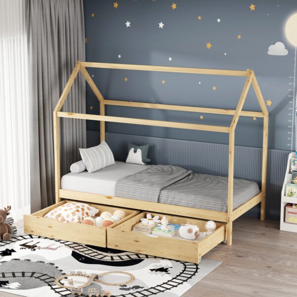 Παιδικό κρεβάτι Mellin τ.Montessori με 2 συρτάρια House Genius ξύλο πεύκου σε φυσική απόχρωση 90x190εκ - Image 2