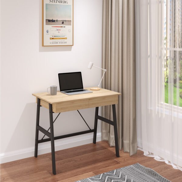 Γραφείο εργασίας Lione House Genius με συρτάρια σε oak απόχρωση με πόδι μαύρο μέταλλο 90x50x75εκ - Image 2