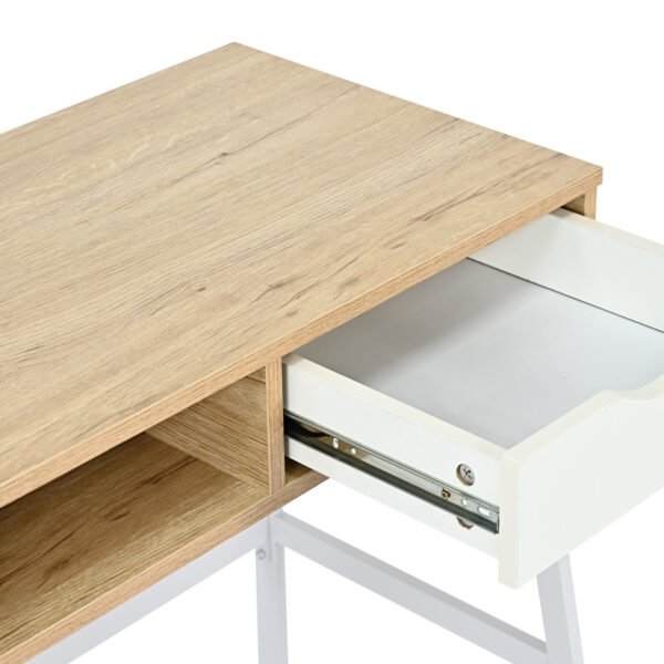 Γραφείο εργασίας Rezio House Genius με ράφι και συρτάρι σε oak-λευκή απόχρωση με λευκό μεταλλικό σκελετό 75x45x76εκ - Image 5