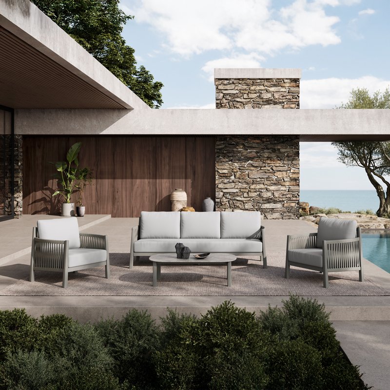 Σαλόνι εξωτερικού χώρου Feralda House Genius μπεζ αλουμίνιο-rope με ύφασμα σε απόχρωση ανοιχτό γκρι