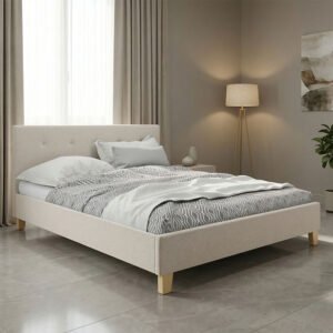 Κρεβάτι Mago House Genius ύφασμα σε εκρού απόχρωση με φυσικό ξύλινο πόδι 140x200εκ