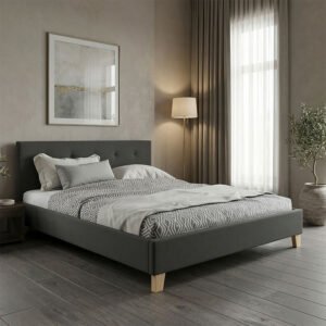 Κρεβάτι Mago House Genius ύφασμα σε ανθρακί απόχρωση με φυσικό ξύλινο πόδι 140x200εκ