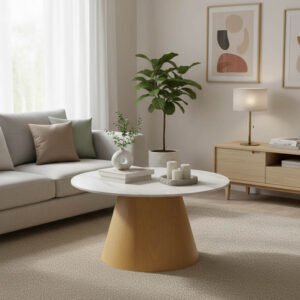 Τραπέζι σαλονιού Soleire Inart λευκό μαρμάρου sintered stone -μεταλλική βάση Φ70x41.5εκ