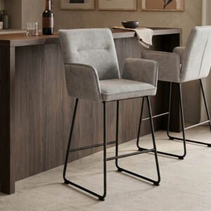 Σκαμπό μπαρ Essential House Genius ύφασμα γκρι-πόδι μαύρο μεταλλικό 57x64.5x107εκ