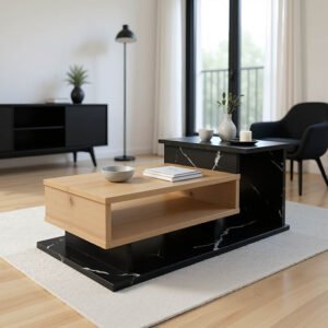 Τραπέζι σαλονιού Nuvele House Genius σε μαύρο μαρμάρου-sonoma απόχρωση 90x50x35εκ