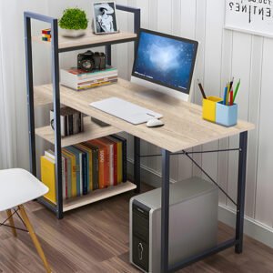 Γραφείο εργασίας Bencour House Genius με βιβλιοθήκη mdf σε φυσική απόχρωση με μαύρο μέταλλο 90x40x110εκ