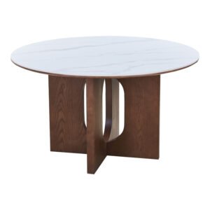 Τραπέζι Merge House Genius sintered stone-mdf σε λευκό μαρμάρου με καρυδί βάση Φ130x75εκ