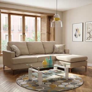 Γωνιακός καναπές με σκαμπό Slim House Genius υφασμάτινος χρώμα μπεζ με μαξιλάρια 185x140x70εκ
