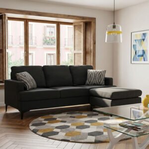 Γωνιακός καναπές με σκαμπό Slim House Genius υφασμάτινος χρώμα ανθρακί με μαξιλάρια 185x140x70εκ
