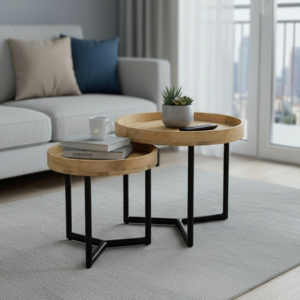 Τραπέζι σαλονιού Kelly σετ 2τεμ House Genius μασίφ ξύλο φυσικό-μαύρο