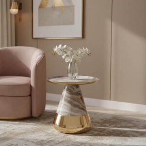 Βοηθητικό τραπεζάκι Boundar Inart γκρι-χρυσό μέταλλο-γυαλί Φ50x49εκ