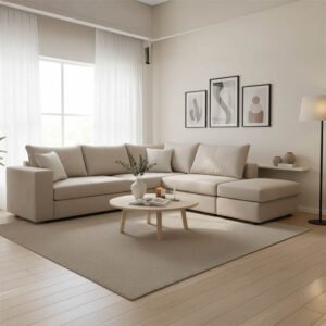 Πολυμορφικός-αναστρέψιμος καναπές London House Genius γκρι-μπεζ ύφασμα με μαξιλάρια σε απόχρωση ανοιχτό γκρι 296x246x95εκ