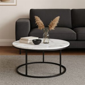 Τραπέζι σαλονιού Sikele House Genius λευκή όψη μαρμάρου και μαύρα μεταλλικά πόδια Φ60x40εκ