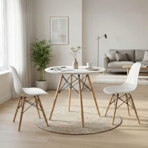 Τραπεζαρία Julita σετ 3τεμ House Genius MDF και ξύλο οξιάς σε λευκή-φυσική απόχρωση Φ60x73εκ