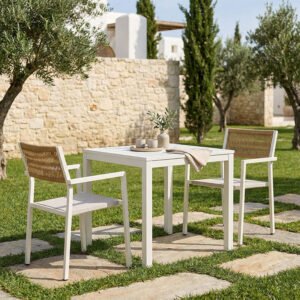 Τραπεζαρία Savor-Kliton σετ 3τεμ House Genius λευκό αλουμίνιο και rattan σε φυσικό χρώμα 80x80x74εκ