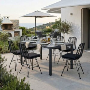 Τραπεζαρία Naoki-Kliton II σετ 7τεμ House Genius ανθρακί αλουμίνιο και pe rattan σε μαύρη απόχρωση 150x80x74εκ