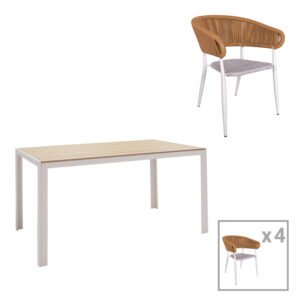 Τραπεζαρία Nares-Raven A σετ 5τεμ House Genius λευκό αλουμίνιο και plywood σε φυσική απόχρωση 140x80x72.5εκ
