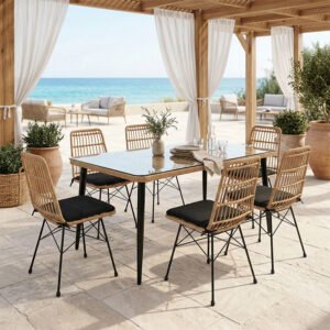 Τραπεζαρία Naoki U σετ 7τεμ House Genius rattan pe σε φυσική απόχρωση και μαύρο μέταλλο 160x90x78εκ
