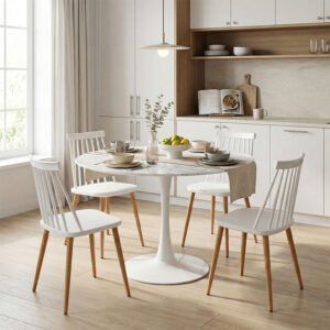 Τραπεζαρία Aurora-Balou House Genius σετ 5τεμ pp-mdf σε λευκό μαρμάρου απόχρωση Φ120x73εκ