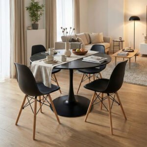 Τραπεζαρία Julita-Balou σετ 5τεμ House Genius MDF-PP σε μαύρο-φυσικό απόχρωση Φ120x73εκ