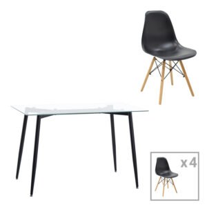 Τραπεζαρία Quana-Julita House Genius σετ 5τεμ γυάλινο 8χιλ διάφανο - μαύρο πόδι 120x70x75εκ